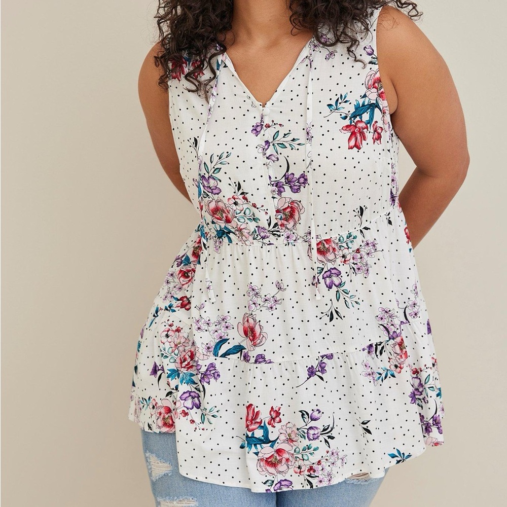 torrid White Floral Polka Dot Tiered Tank
